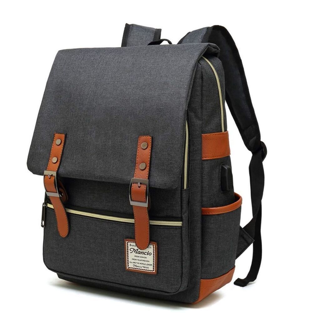 Mancio Vintage Laptop Backpack. Grey Black. NWOT. USB Port back to school travel